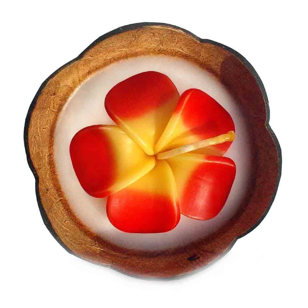 Bougie parfumÃ©e (frangipanier) rouge dans noix de coco Ã©vidÃ©e et travaillÃ©e